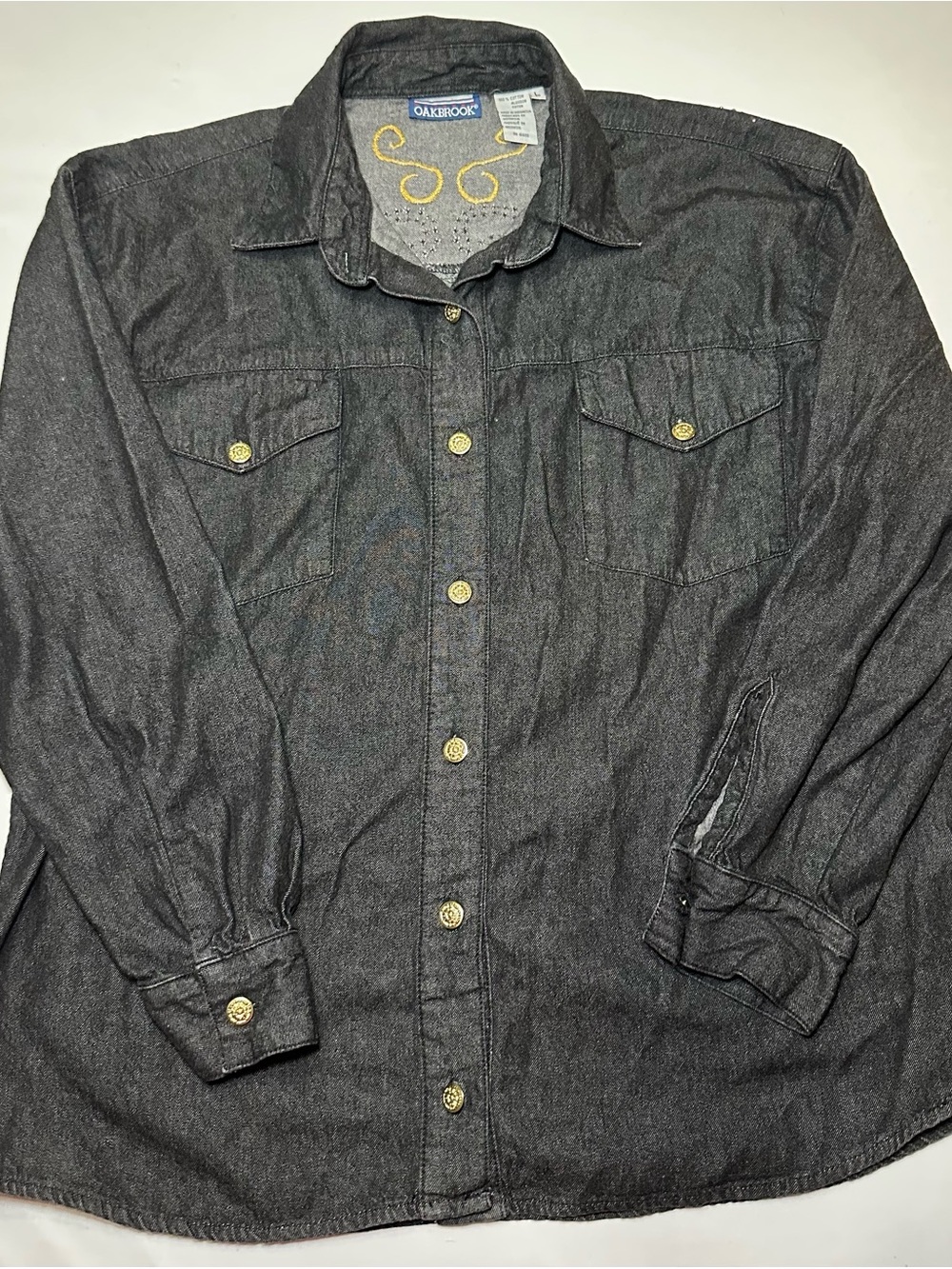 Vintage 90s Oakbrook Embellished Black Denim Shacket / Button Down Shirt L